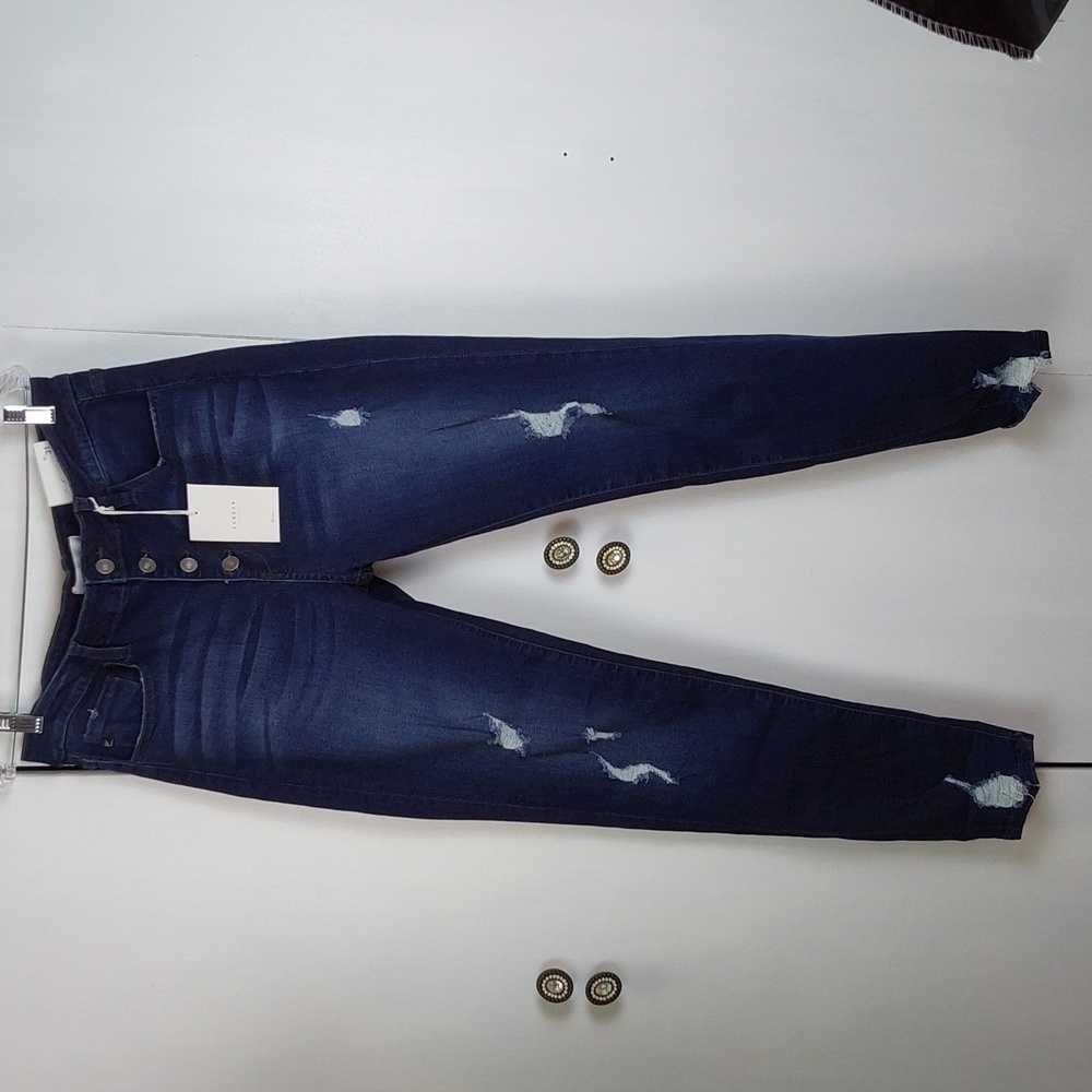 KanCan High rise Ankle Skinny Denim Blue jeans Button fly Distressing Sz.15/31